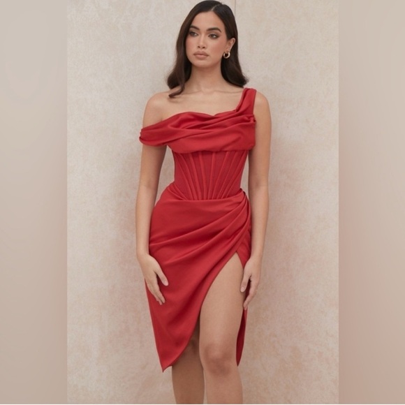 NWT House of CB Lulu Corset One-Shoulder Satin Midi Dress Red Size Large Plus - Picture 1 of 9